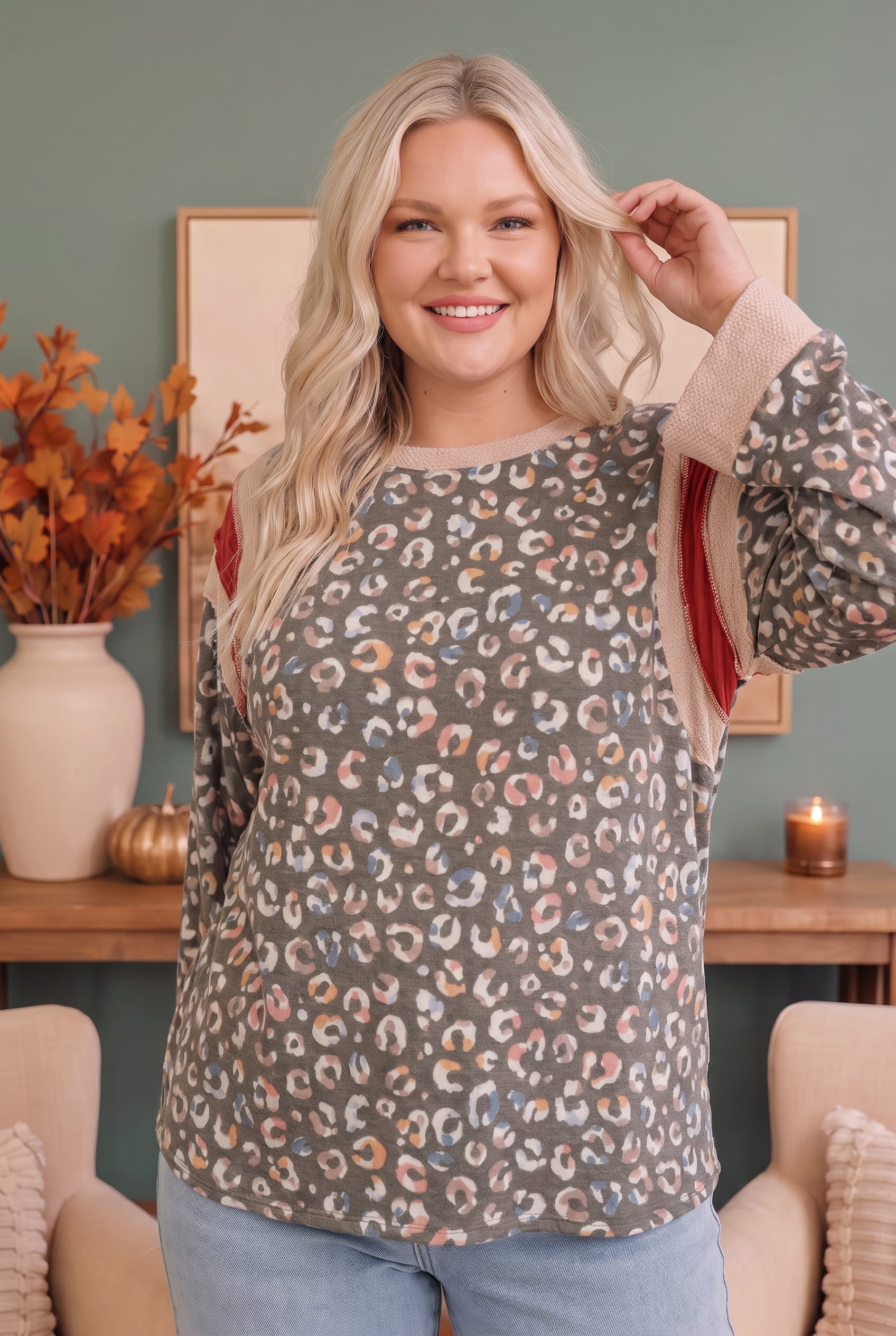 Plus Olive Multicolor Leopard Print Color Block Long Sleeve Top