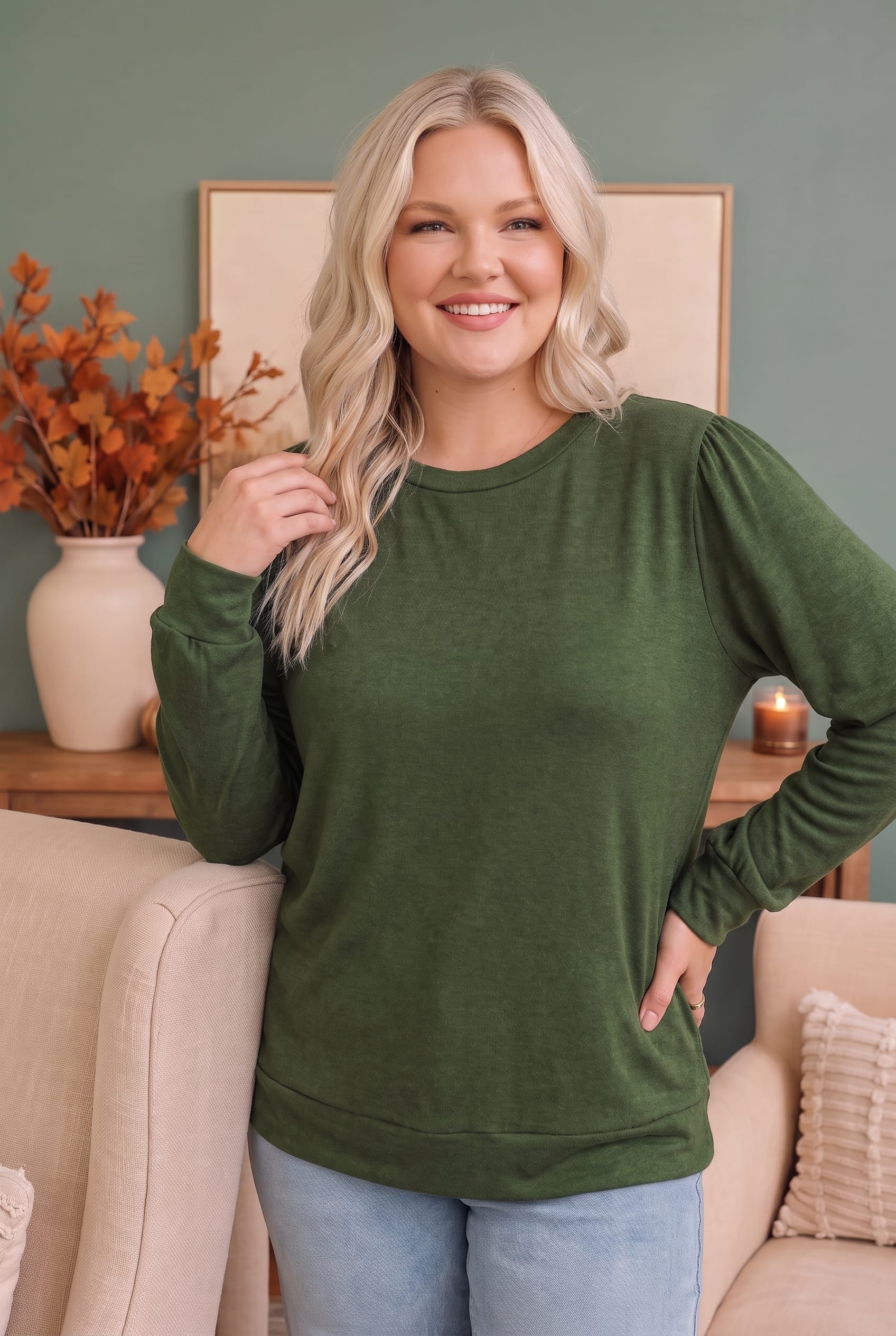 Plus Olive Long Sleeve Relaxed Crew Neck Top