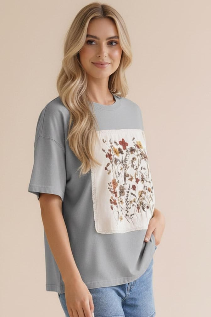 Plus Grey DROP SHOULDER OVERSIZED FLORAL PATCHWORK TOP