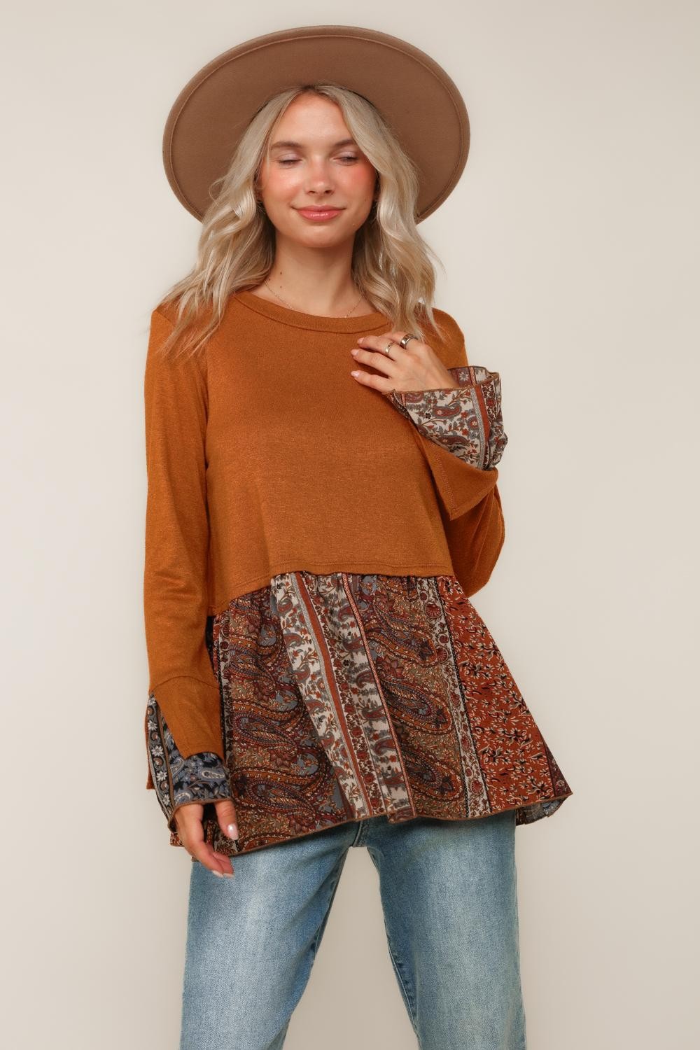 PLUS BOHEMIAN WOVEN TWOFER BELL BOTTOM SWEATER TOP