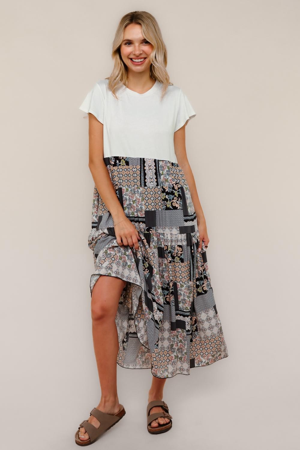 Charcoal Bohemian Patchwork Print Twofer Dress