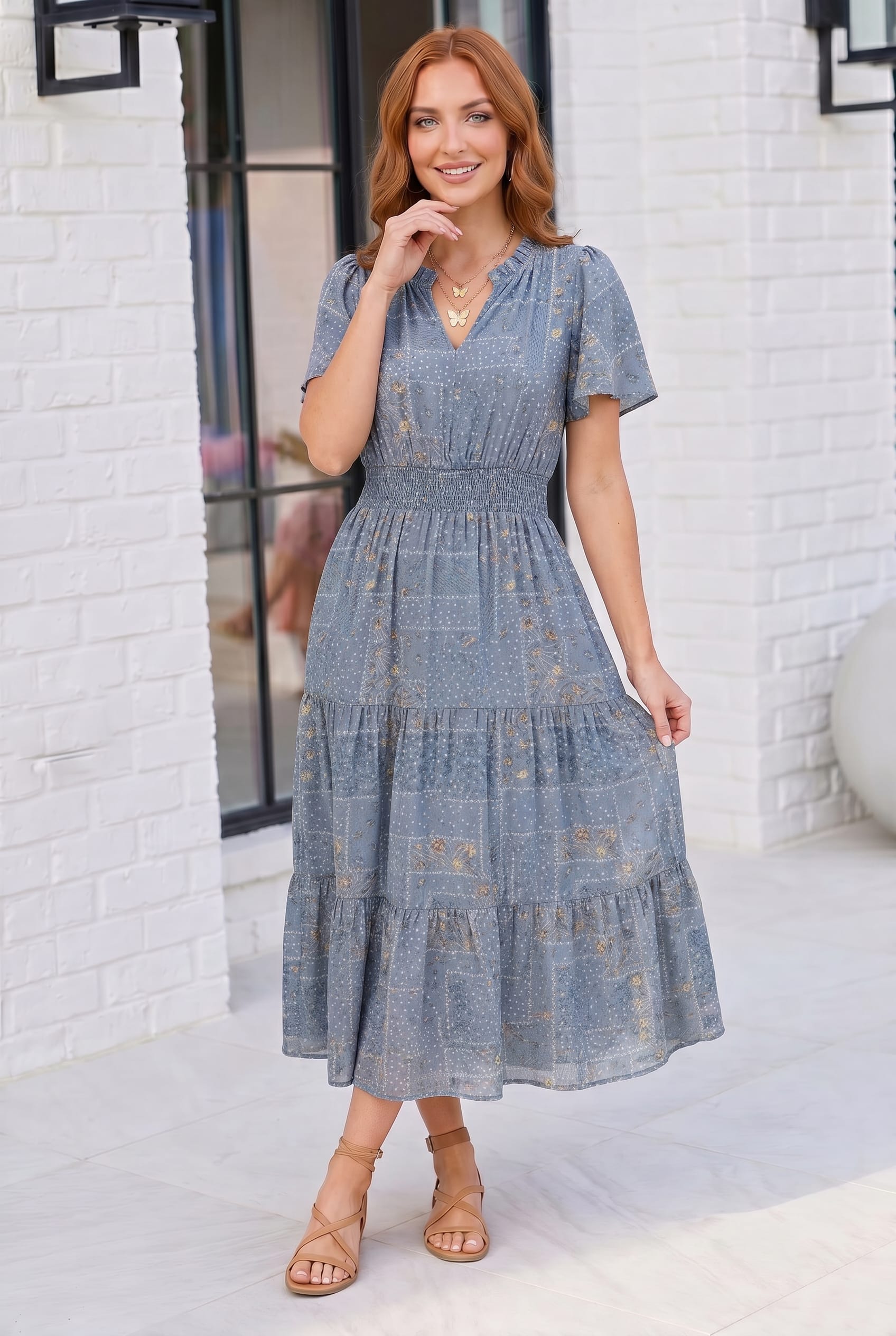 Plus Blue Floral Print Tiered Midi Dress