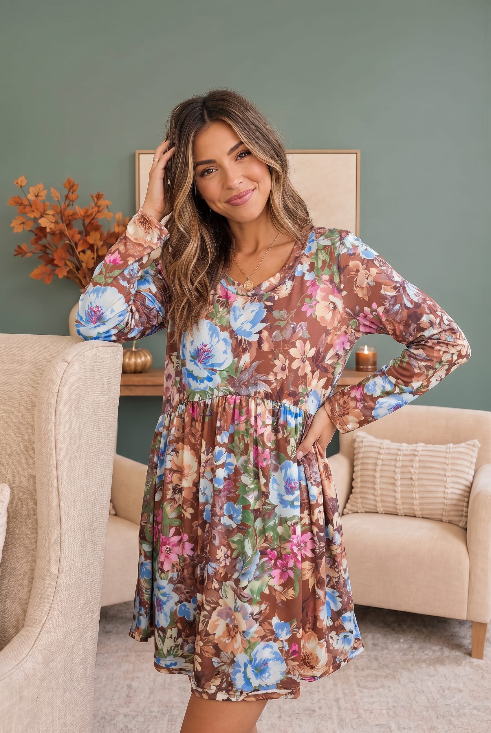 Floral Print Long Sleeve Babydoll Dress