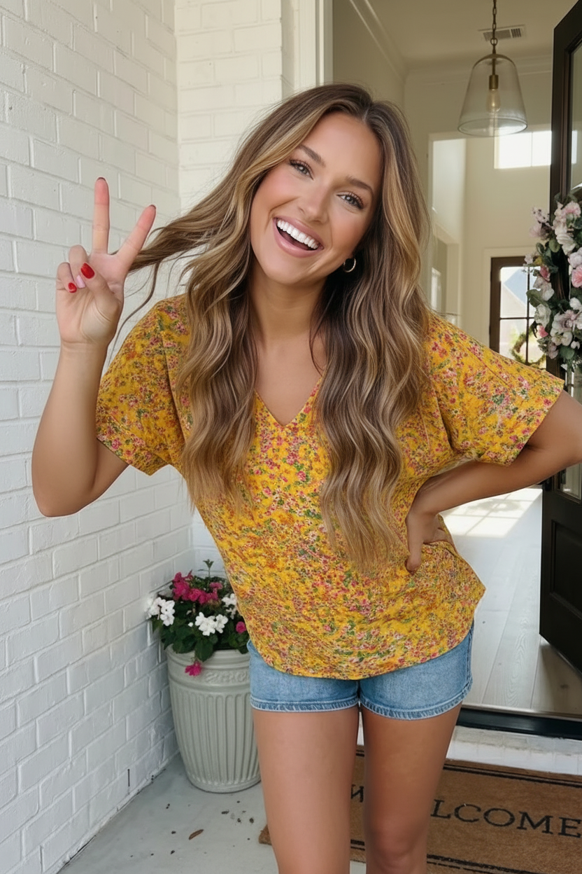 Yellow Ditsy Floral V-Neck Flutter Sleeve Top