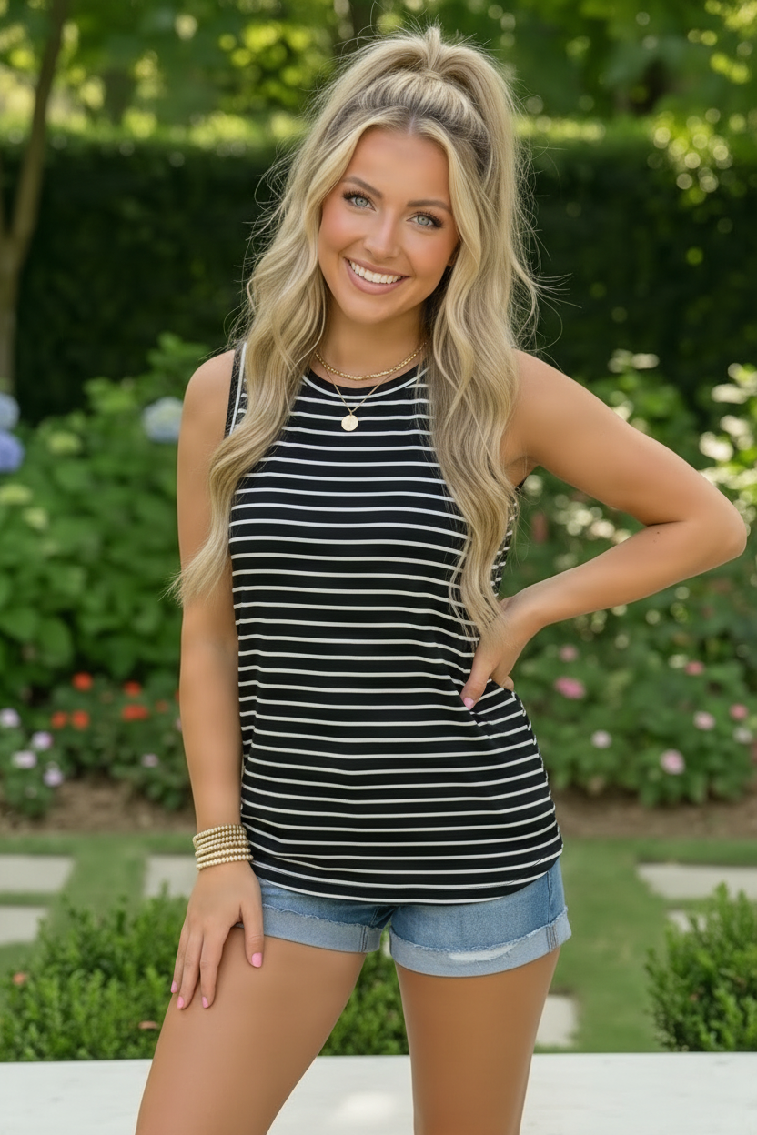 Black and White Striped Sleeveless Tank Top