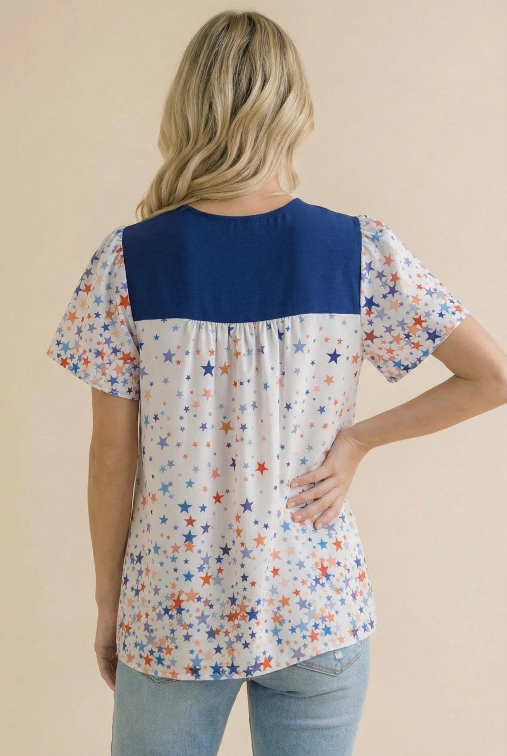 Plus Navy and Star Print Short Sleeve Babydoll Top
