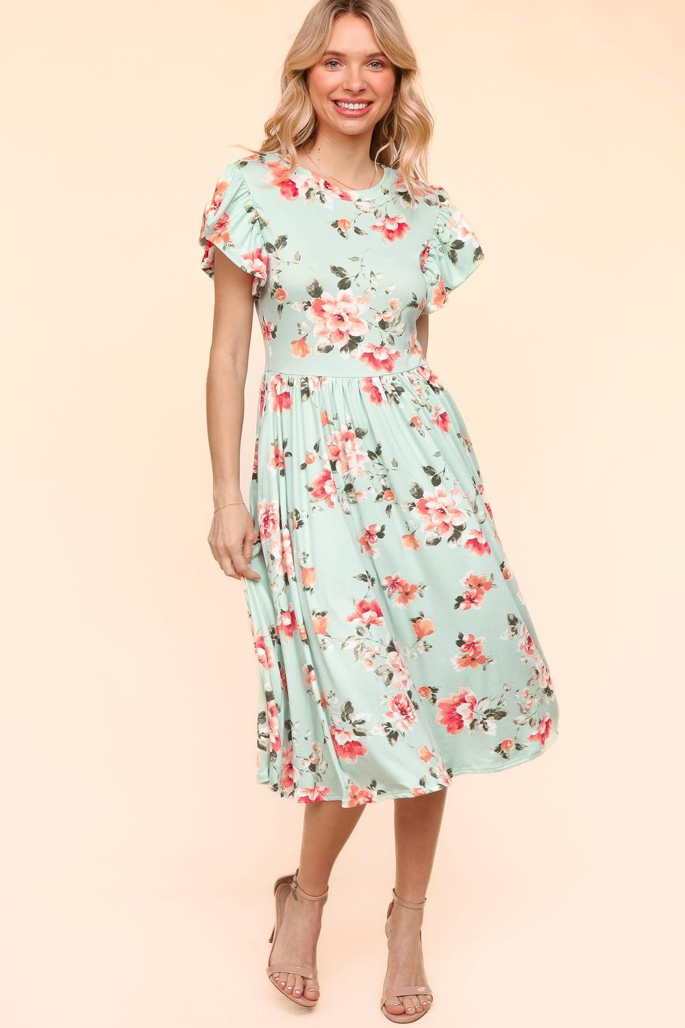 Mint Midi Dress W/Folded Ruffle Short Sleeve
