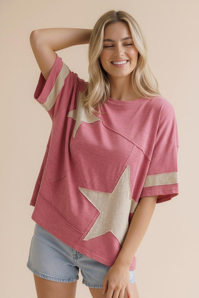PLUS VINTAGE PINK STAR PATCHWORK COTTON BLENDED SLUB KNIT TOP