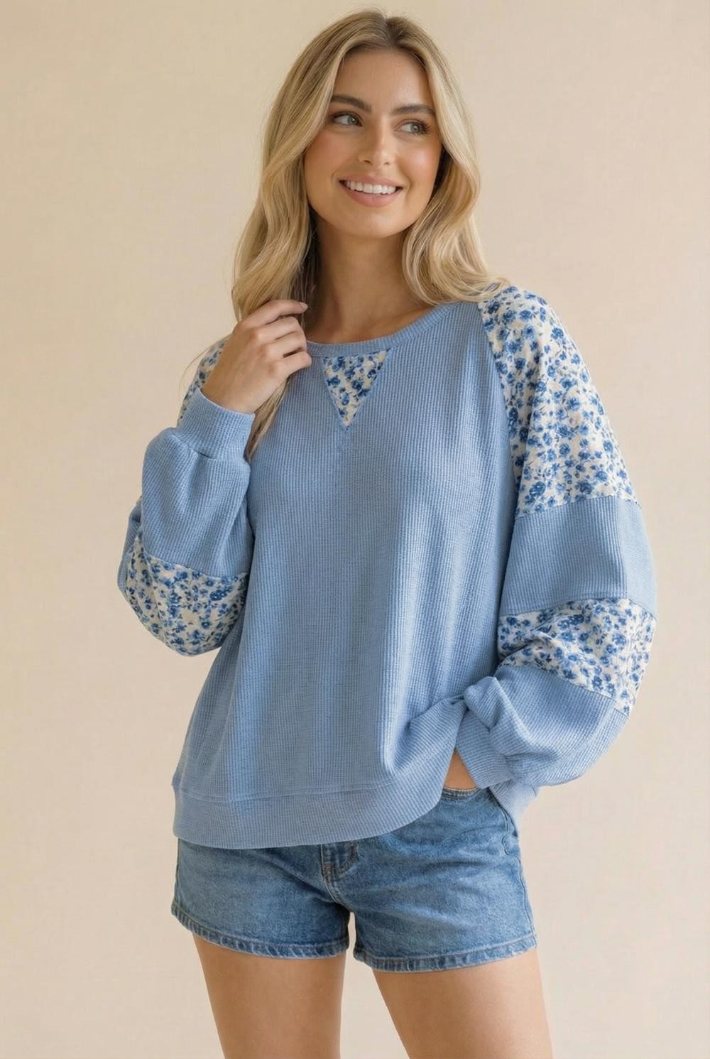 BLUE THERMAL FLORAL WOVEN LOOSE FIT PULLOVER TOP