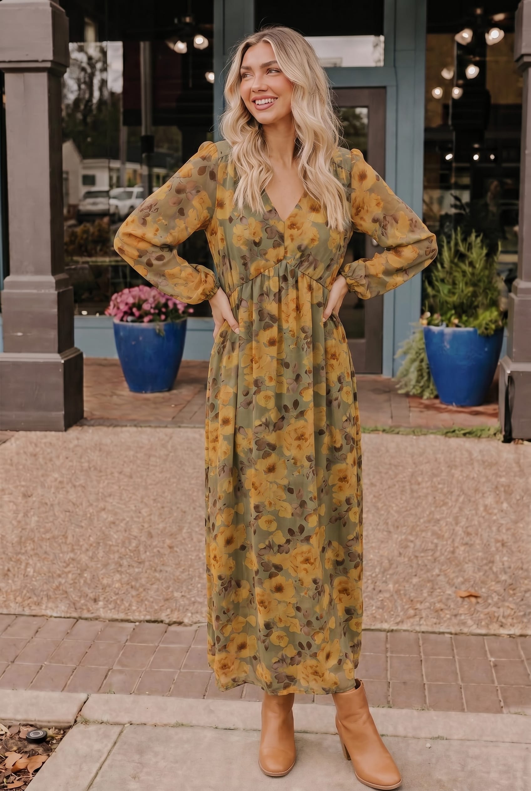Olive Floral Chiffon Midi Dress