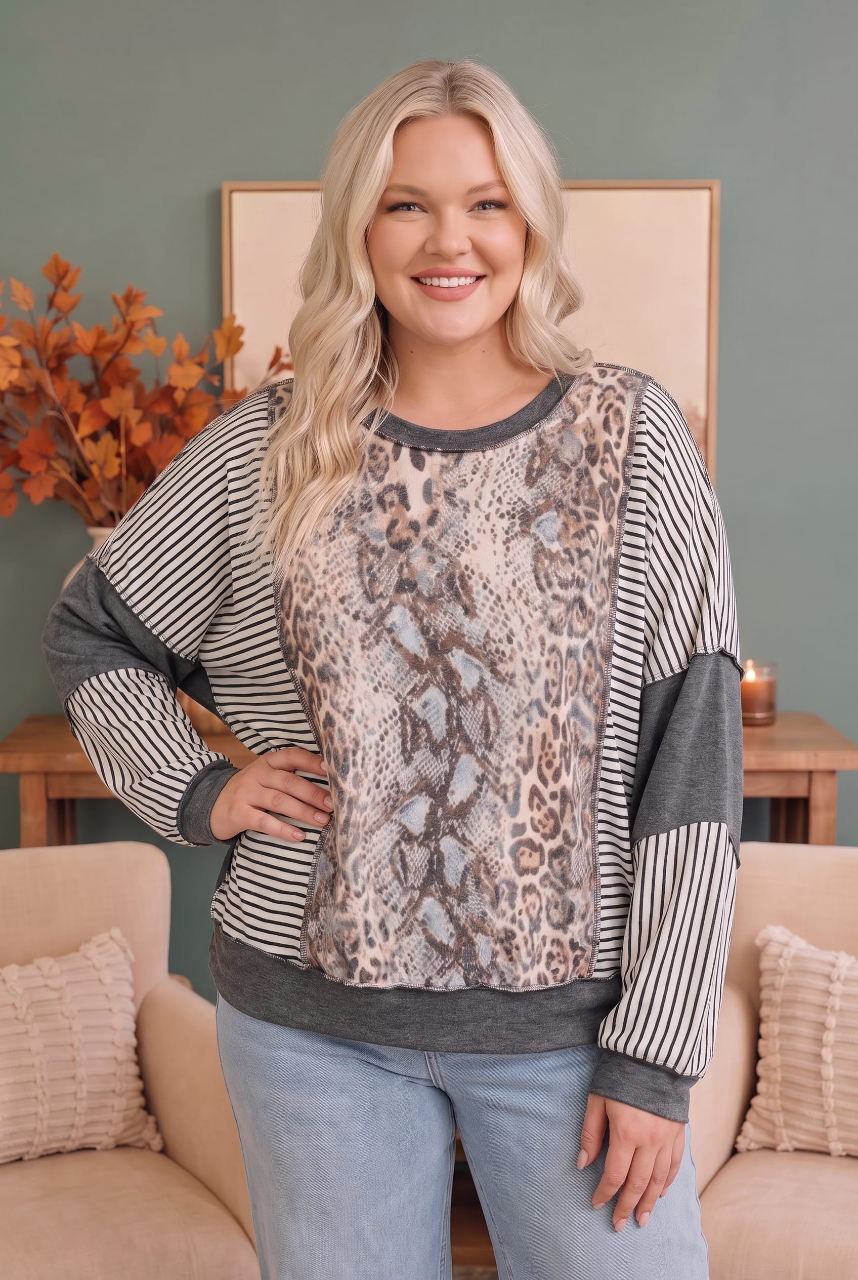 Plus Mixed Animal Print and Stripe Patchwork Pullover Top