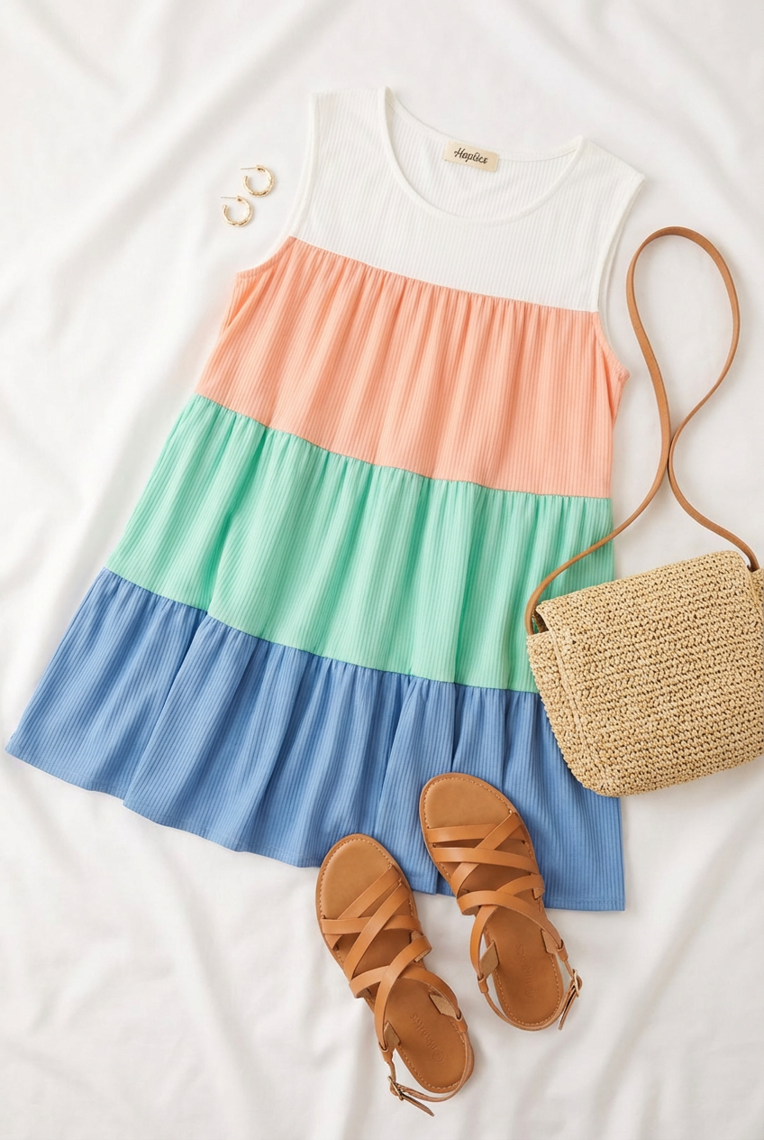 Plus Pastel Color Block Tiered Sleeveless Dress