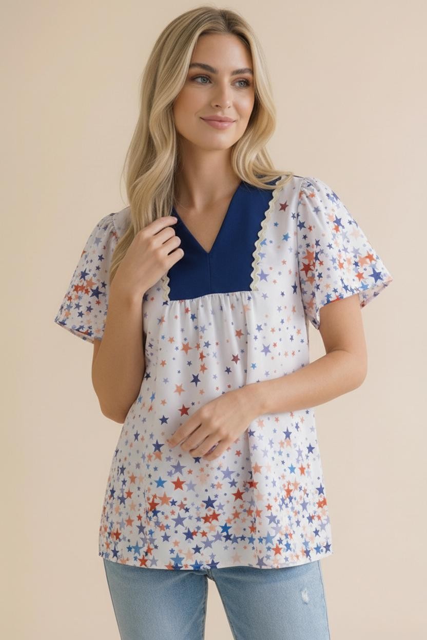 Plus Navy and Star Print Short Sleeve Babydoll Top