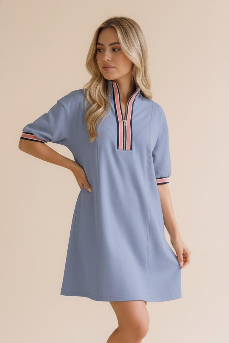 FRONT HALF ZIP SHIFT SOLID FRENCH TERRY DRESS