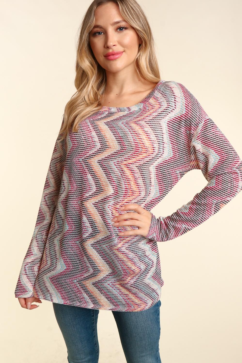 WINE BOHO ABSTRACT ROUND NECK LONG SLEEVE KNIT TOP