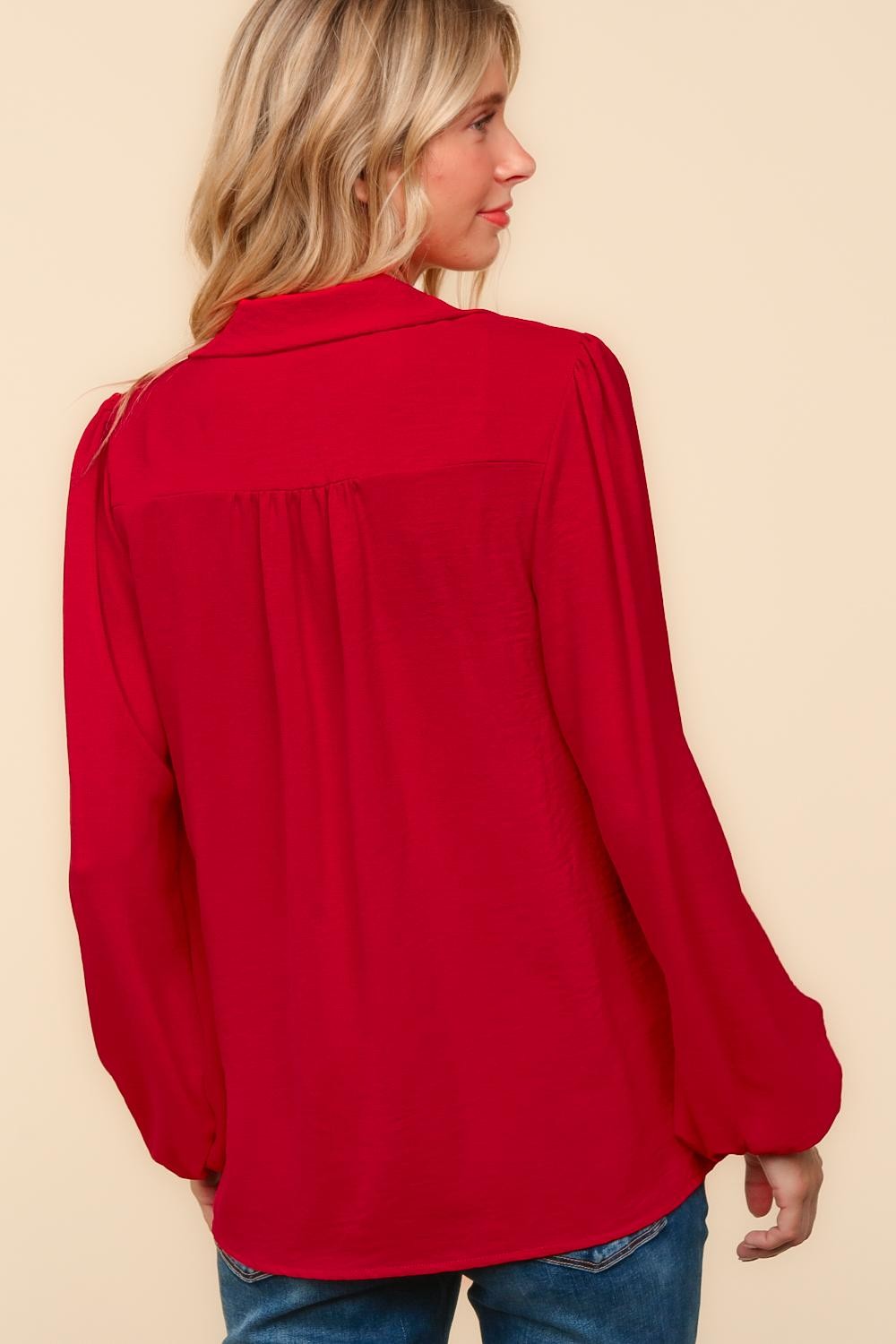 Top Notch Ribbon COLLARED NOTCH NECK RIBBON BOW WOVEN TOP
