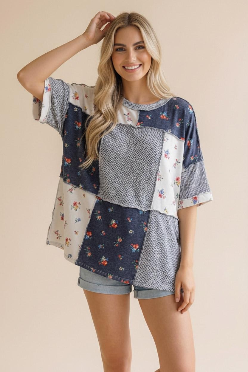 Grey TEXTURED KNIT FLORAL COLOR BLOCK PATCHWORK TOP