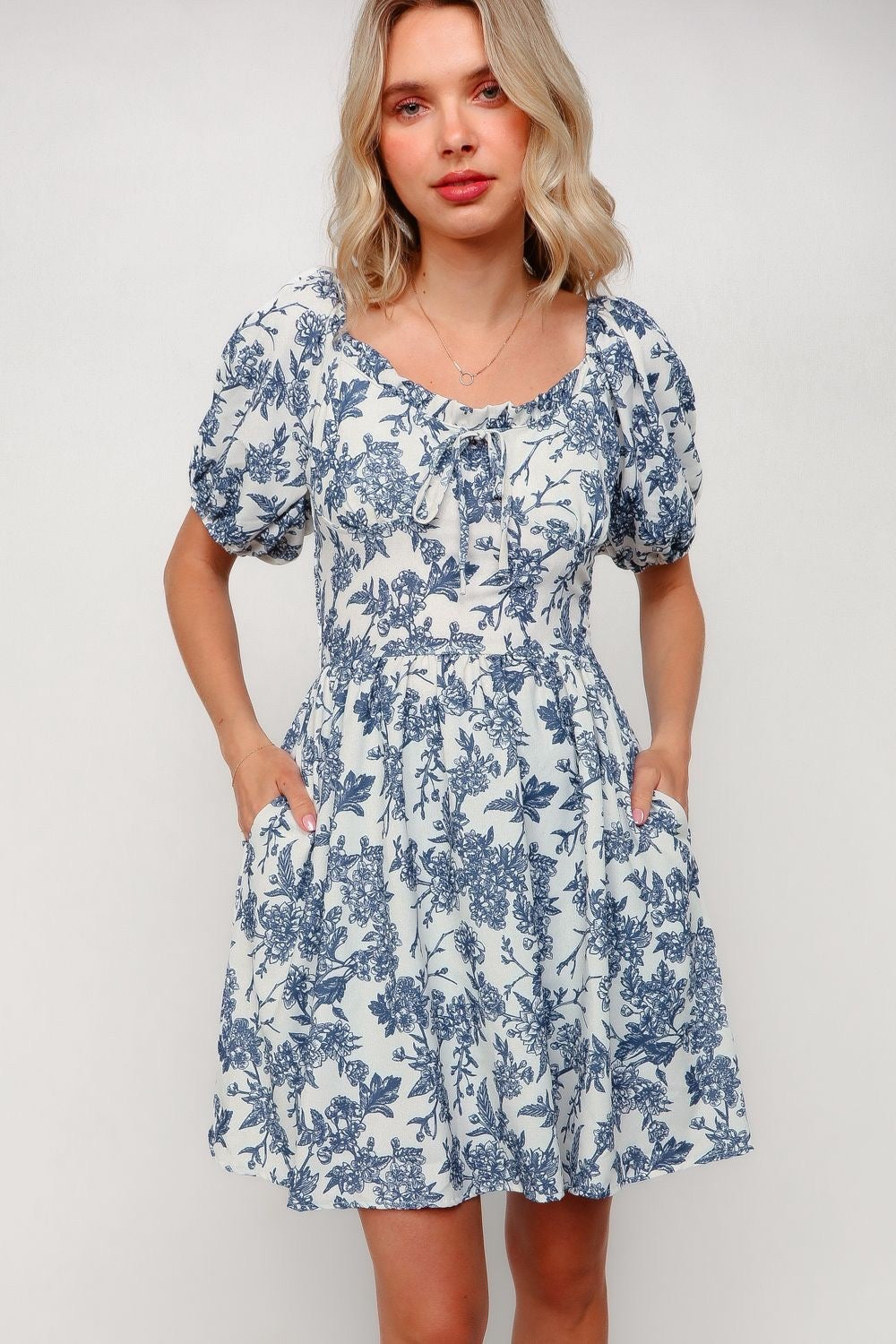 Blue and White Floral Mini Dress