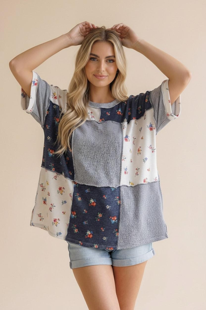 Grey TEXTURED KNIT FLORAL COLOR BLOCK PATCHWORK TOP