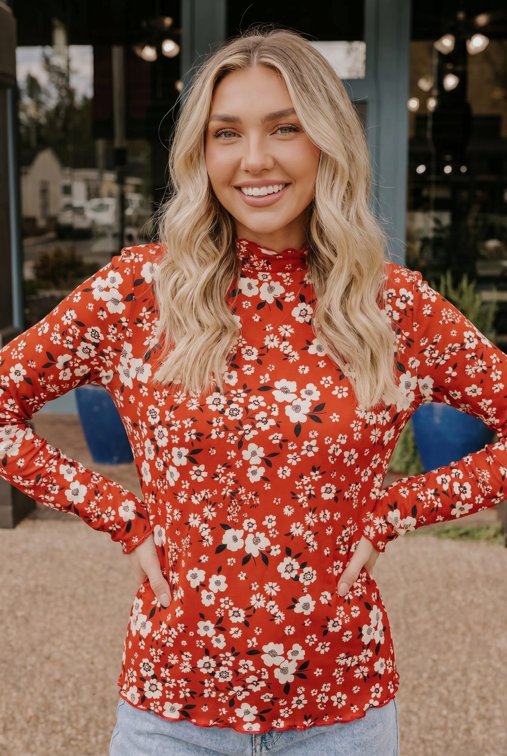 Red Floral Long Sleeve Mock Neck Top