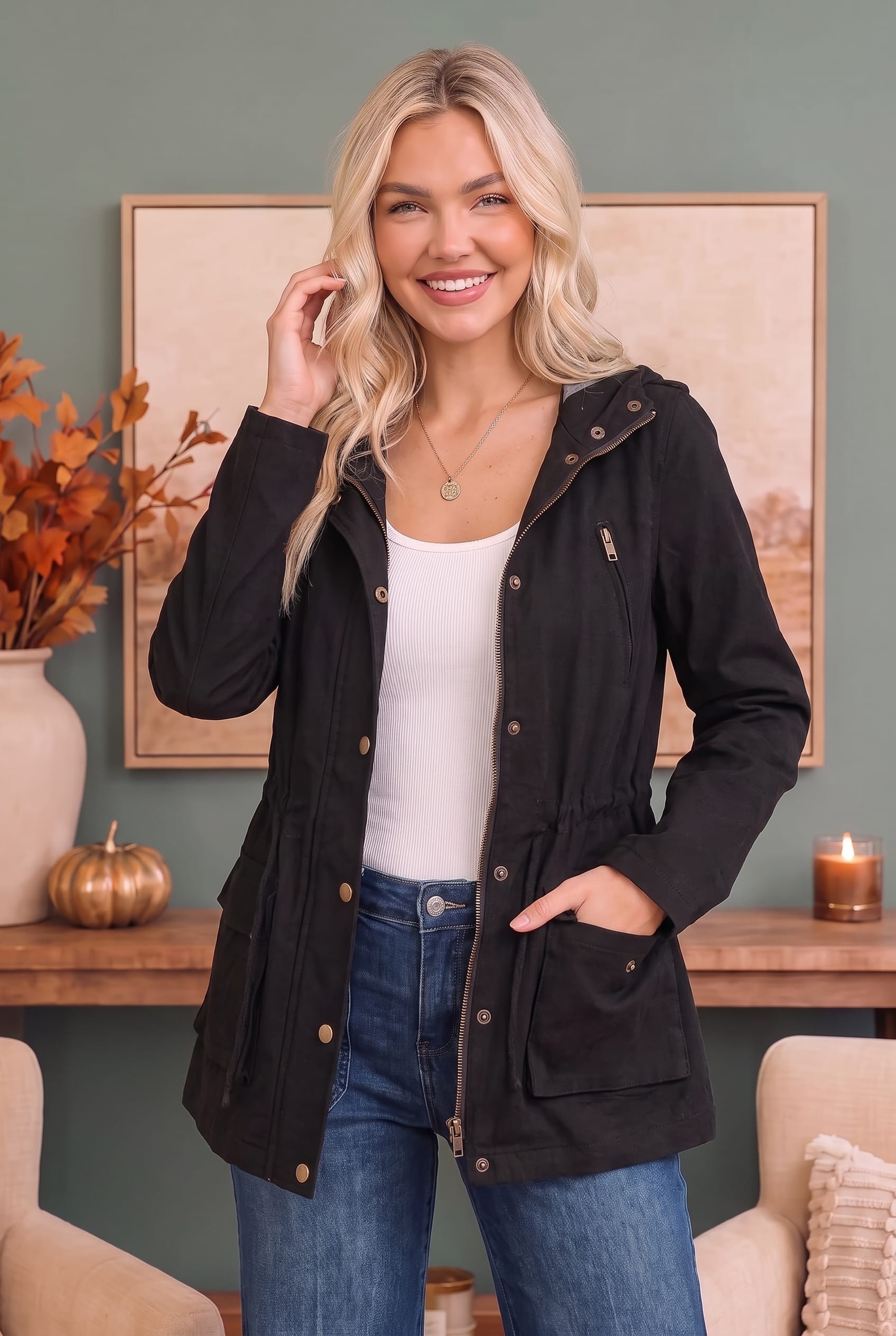 Black Hooded Utility Jacket with Snap and Zip Detail