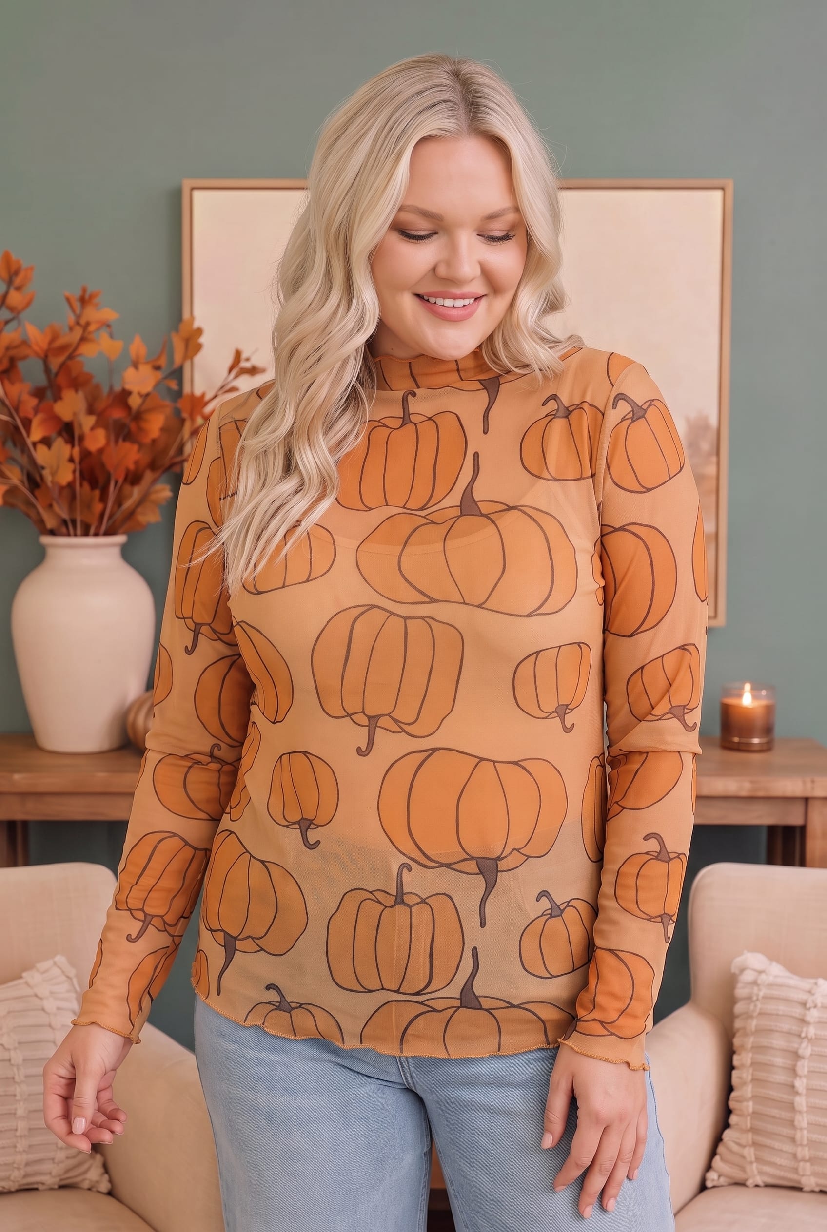 Plus Size Orange Pumpkin Print Mesh Long Sleeve Top