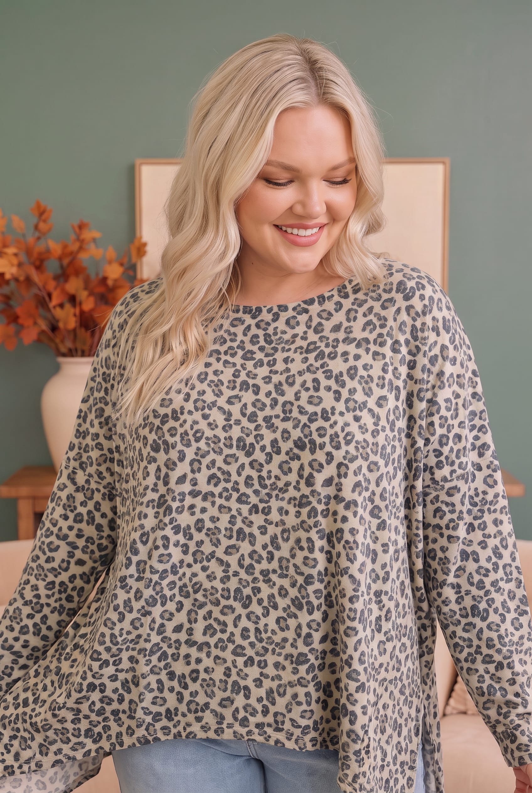 Plus Leopard Print Oversized Batwing Top