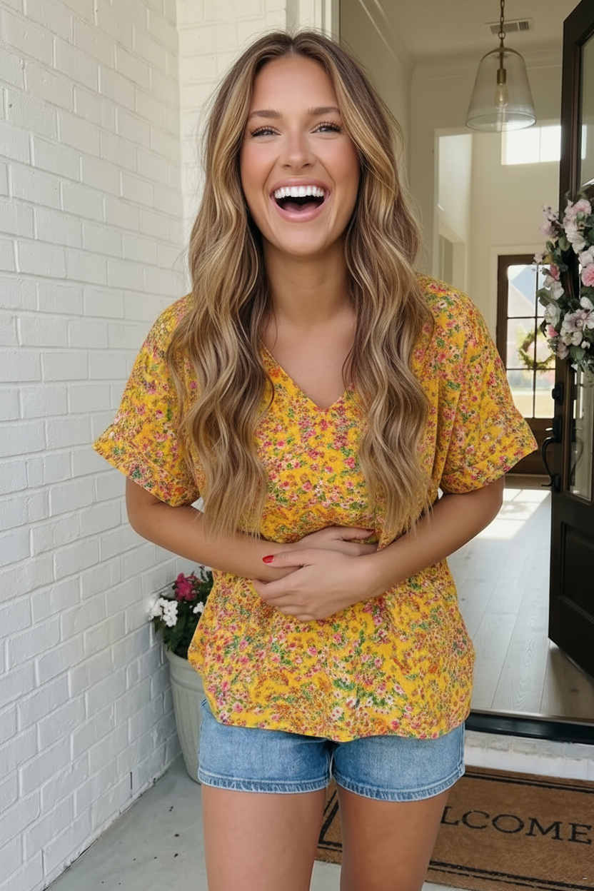 Yellow Ditsy Floral V-Neck Flutter Sleeve Top