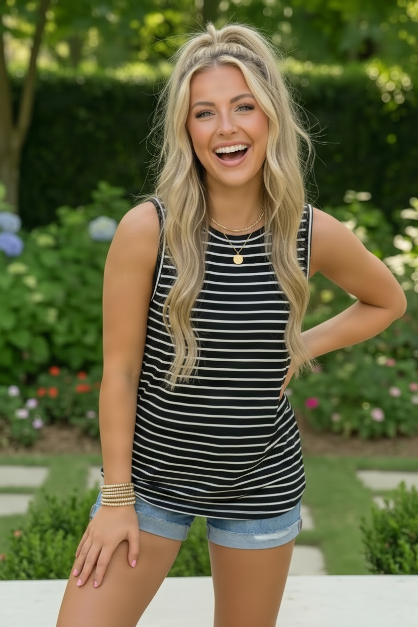 Black and White Striped Sleeveless Tank Top