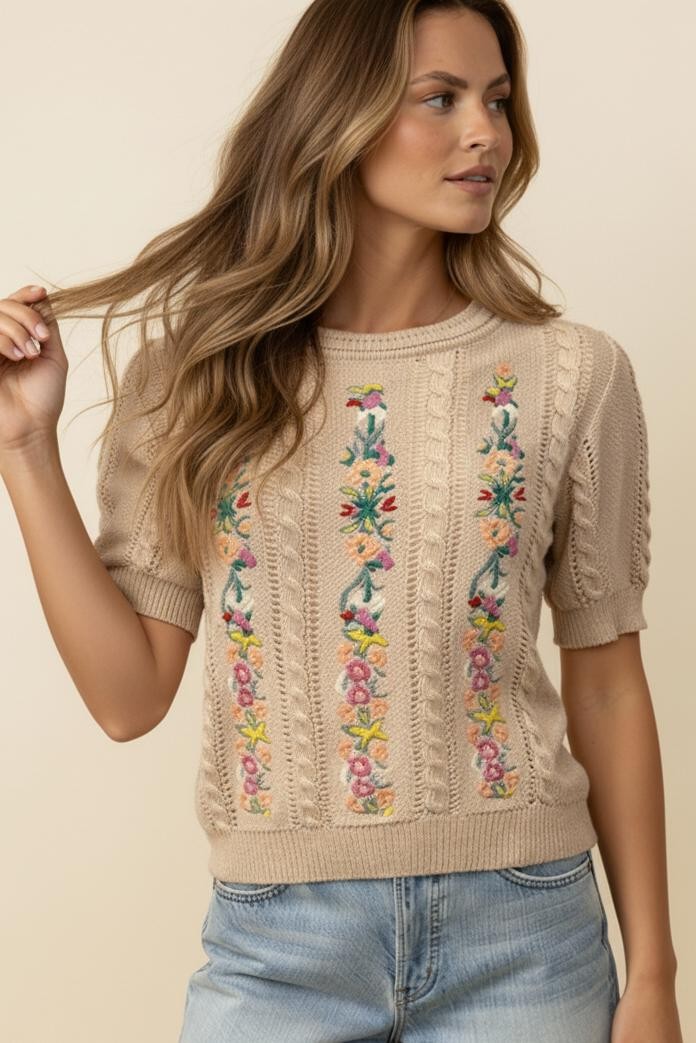 CABLE EMBROIDERY FLORAL SWEATER TOP