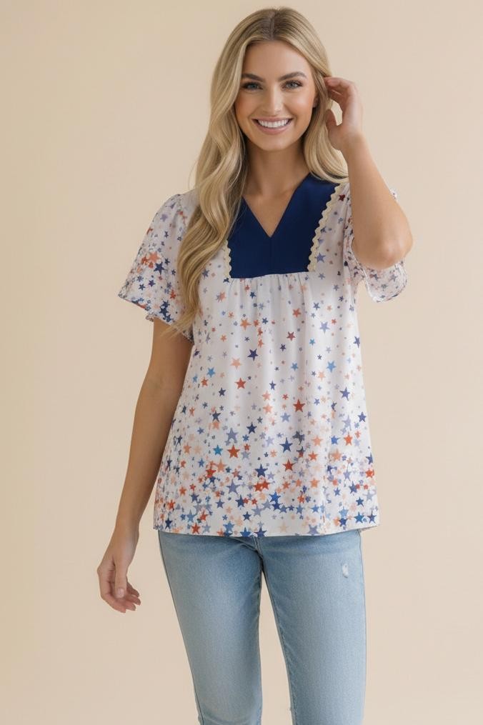 Plus Navy and Star Print Short Sleeve Babydoll Top