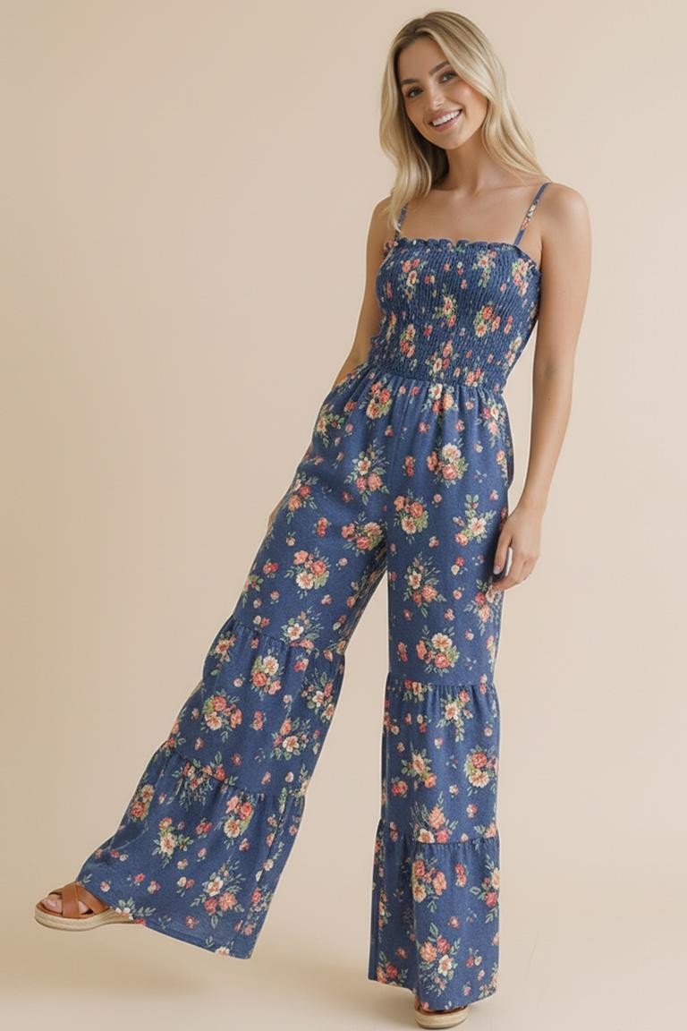 PLUS STRAP SHOULDER SMOCKING FLORAL JUMPSUIT