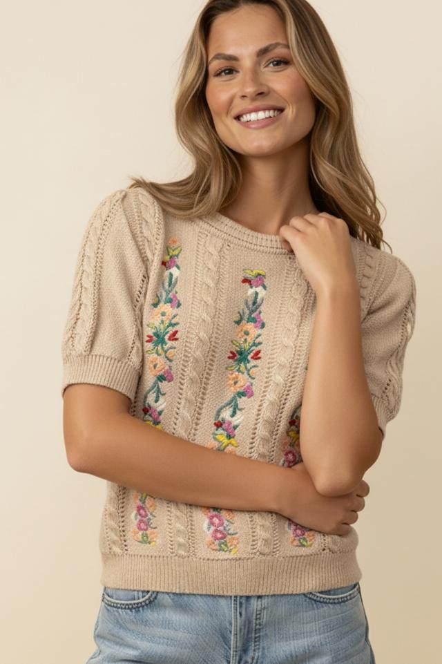 CABLE EMBROIDERY FLORAL SWEATER TOP
