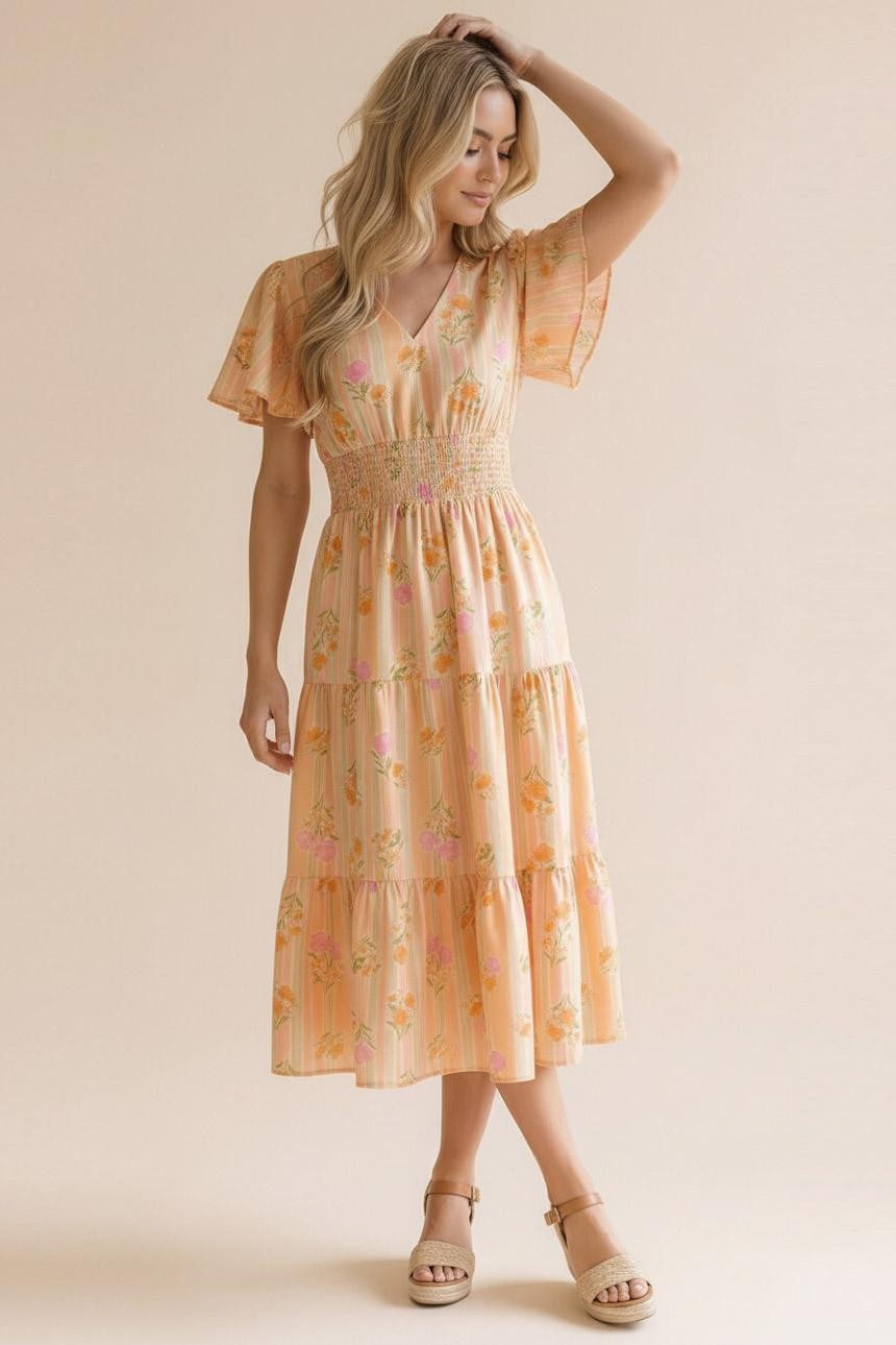 PLUS PEACH V NECK SMOCKED WAIST TIERED MIDI FLORAL DRESS