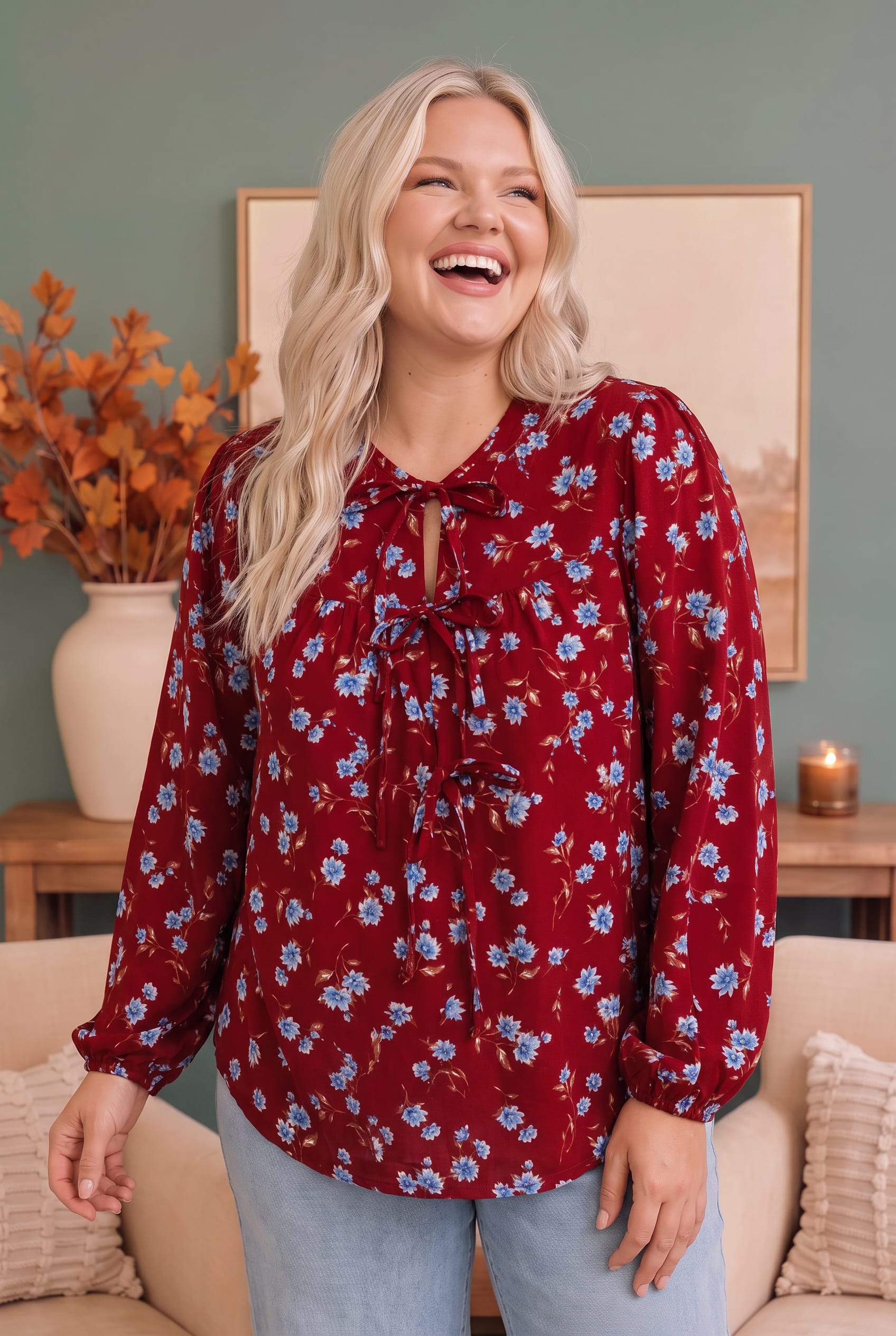 Plus Burgundy Floral Tie Neck Balloon Sleeve Blouse