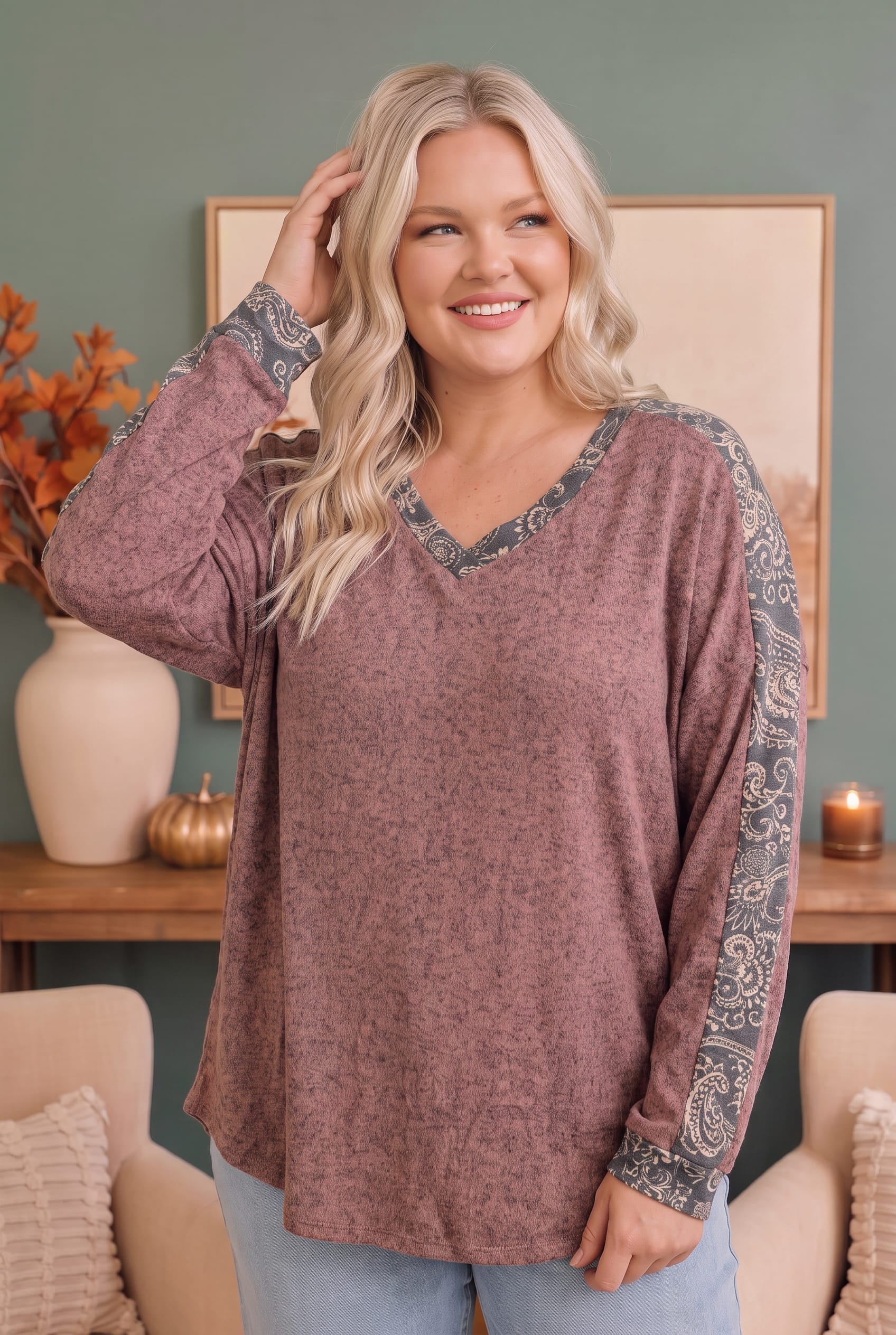Plus Heathered V Neck Top with Paisley Trim Detail