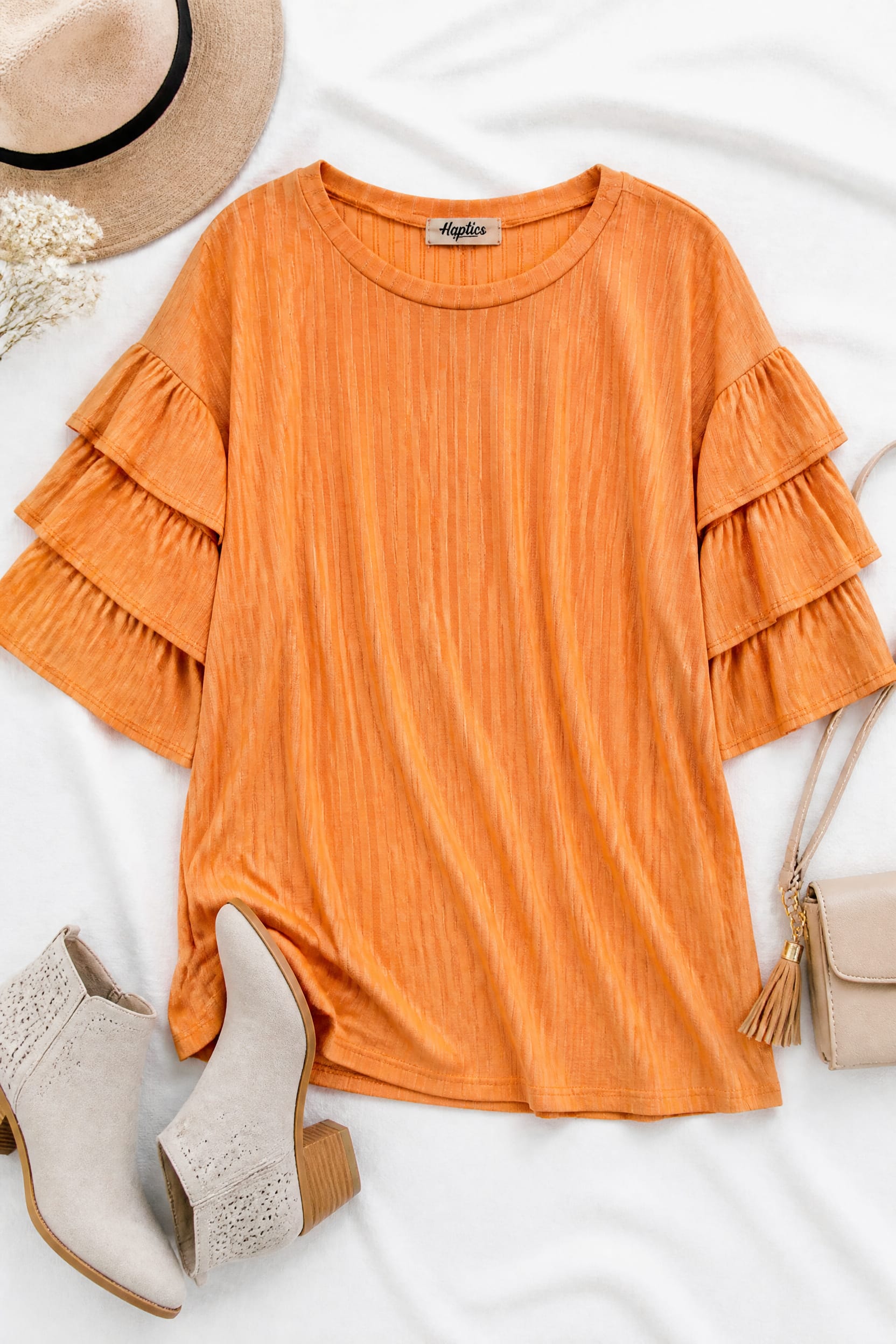 Ribbed Tiered Ruffle Sleeve Top