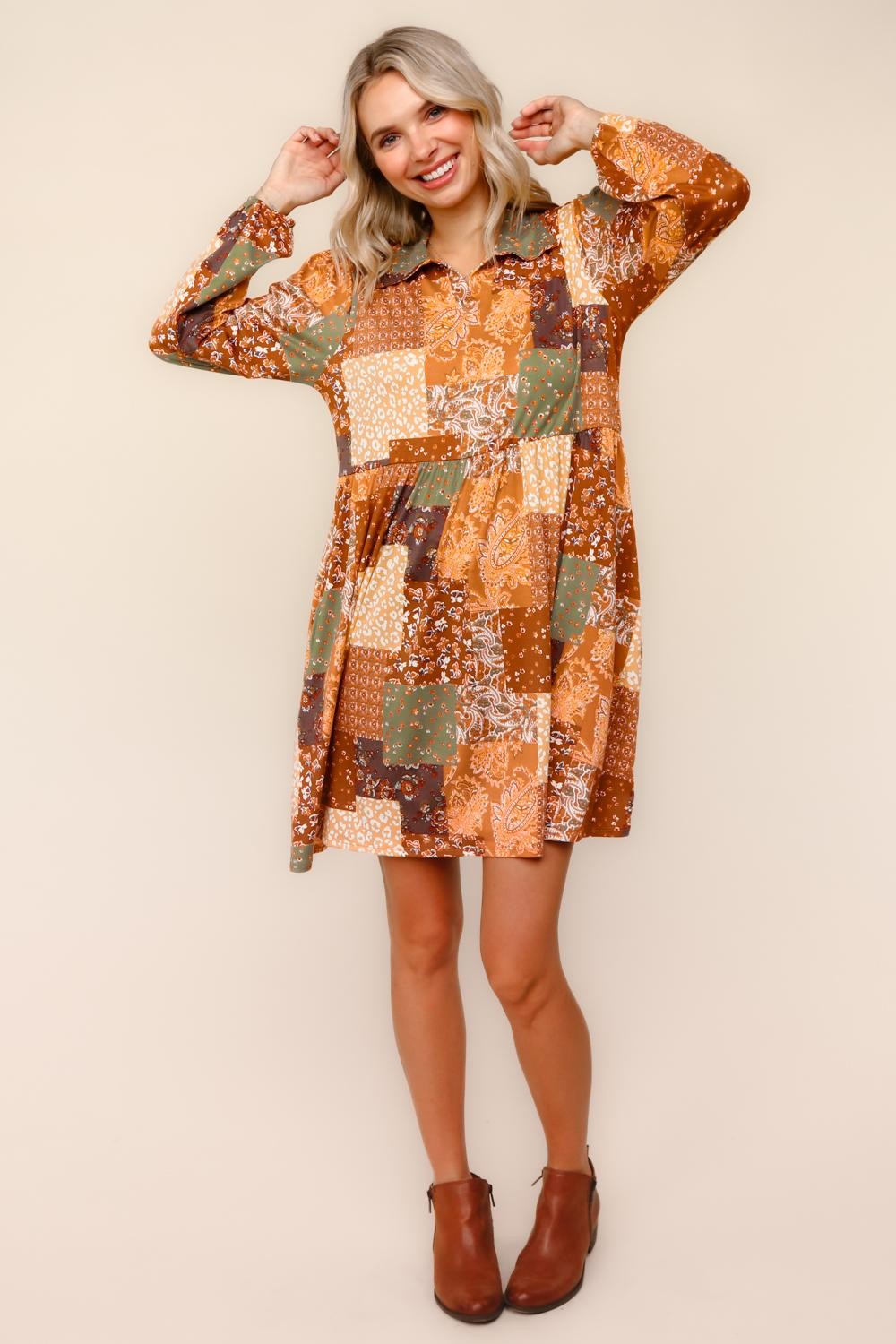 PLUS MINI LENGTH BOHO PATCHWORK PRINTKNIT DRESS