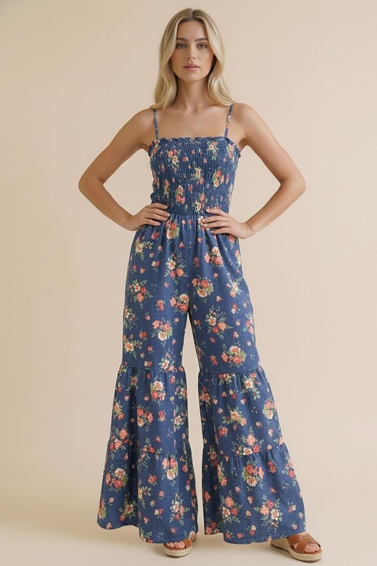 STRAP SHOULDER SMOCKING FLORAL JUMPSUIT