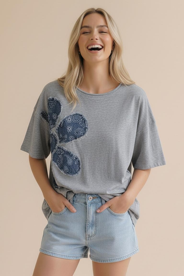 PLUS GREY DROP SHOULDER DENIM FLORAL PATCHWORK SLUB KNIT TOP