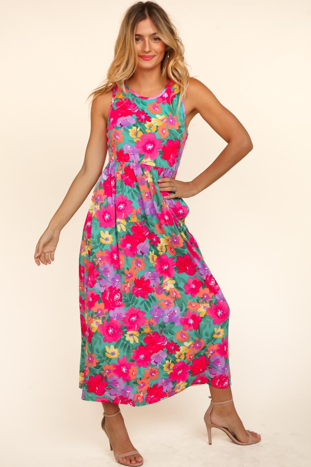 Plus Babydoll Maxi Floral Dress with Side Pockets