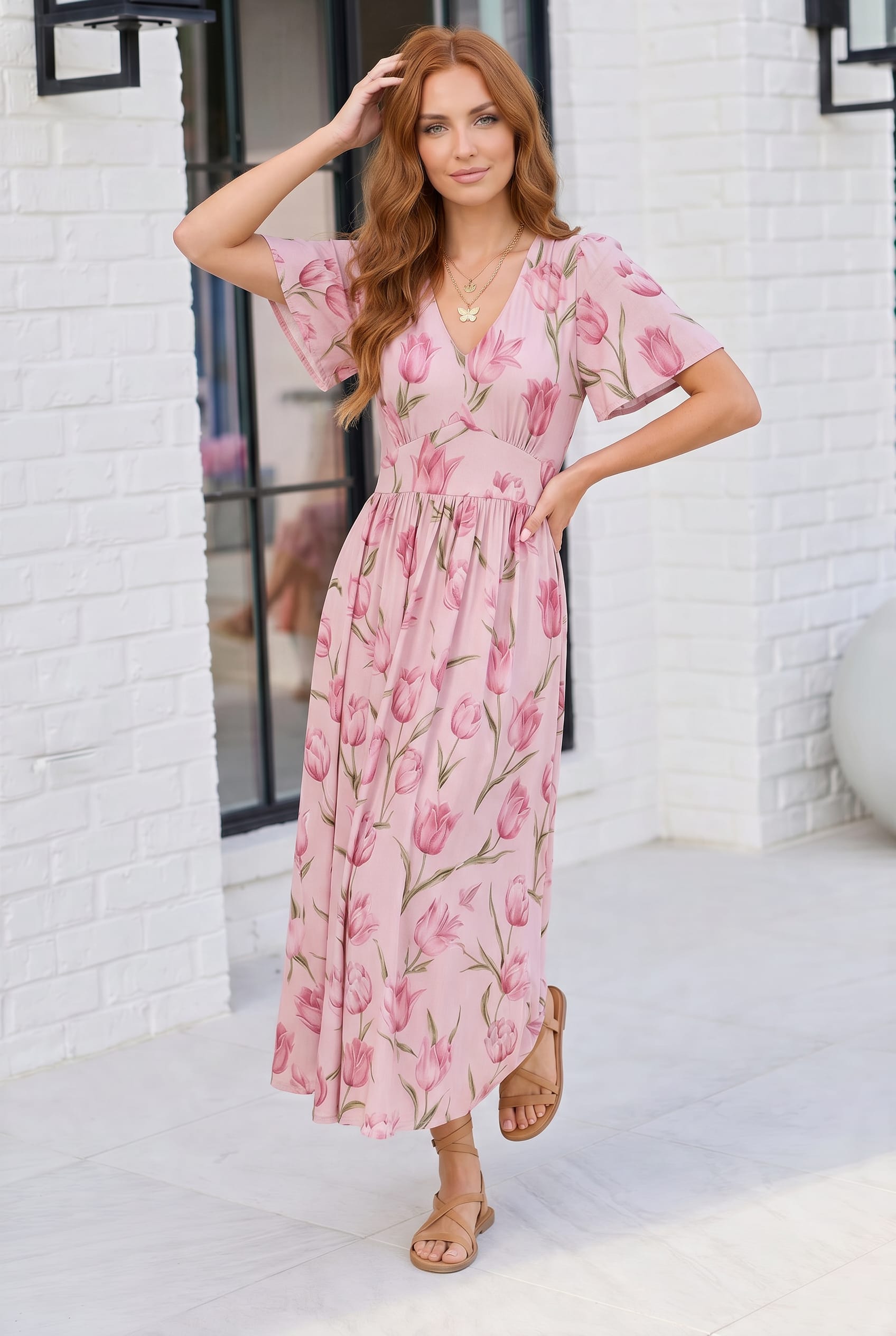 Plus Pink Tulip Print Flutter Sleeve Maxi Dress