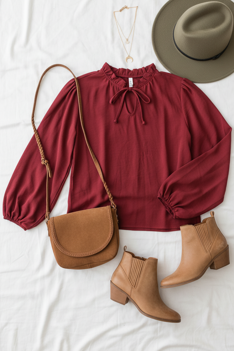 Feeling Femme Off Burgundy Frilled Edge V Neck Tie Top (Open Pack)