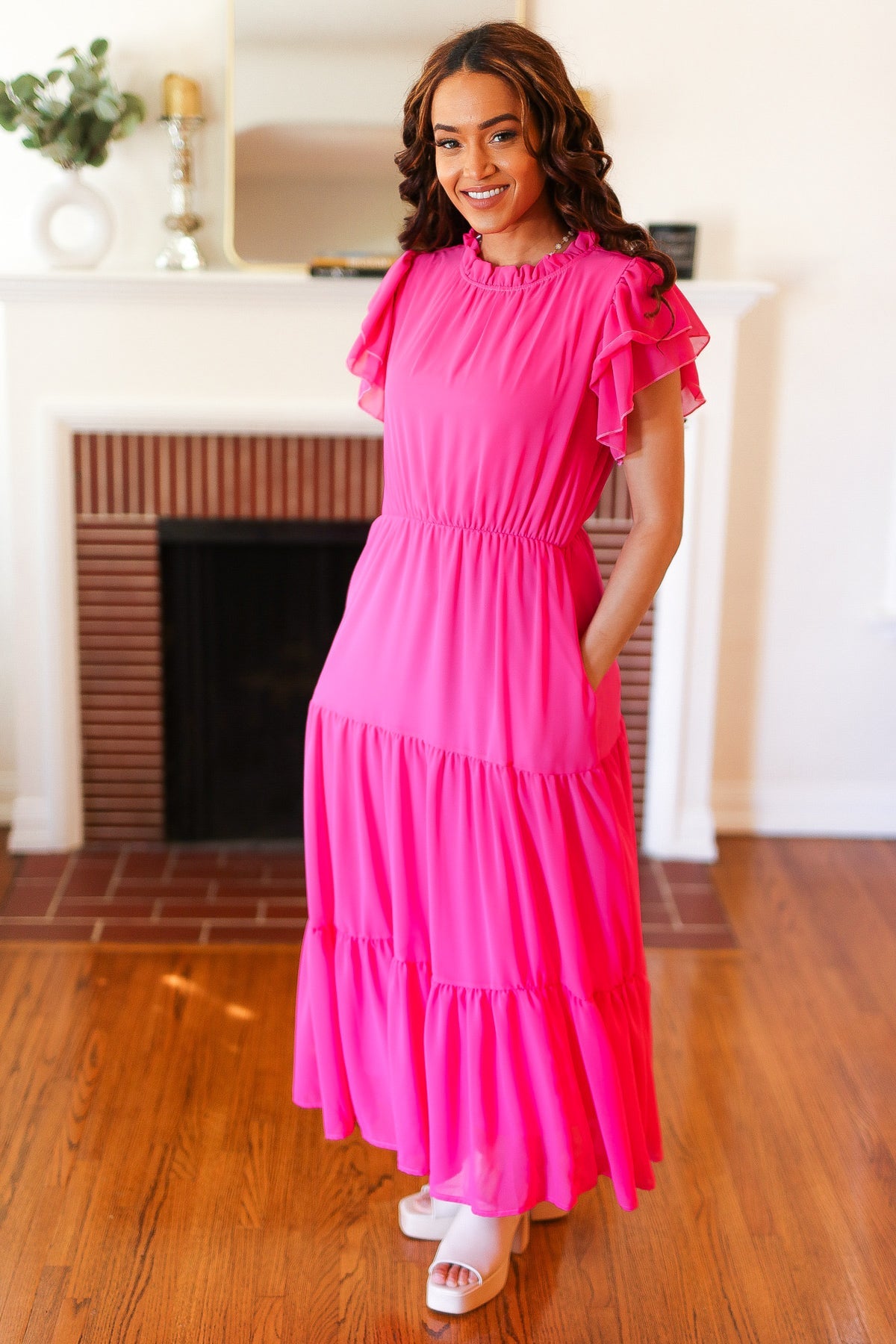 Perfectly You Hot Pink Mock Neck Tiered Chiffon Maxi Dress (Open Pack)