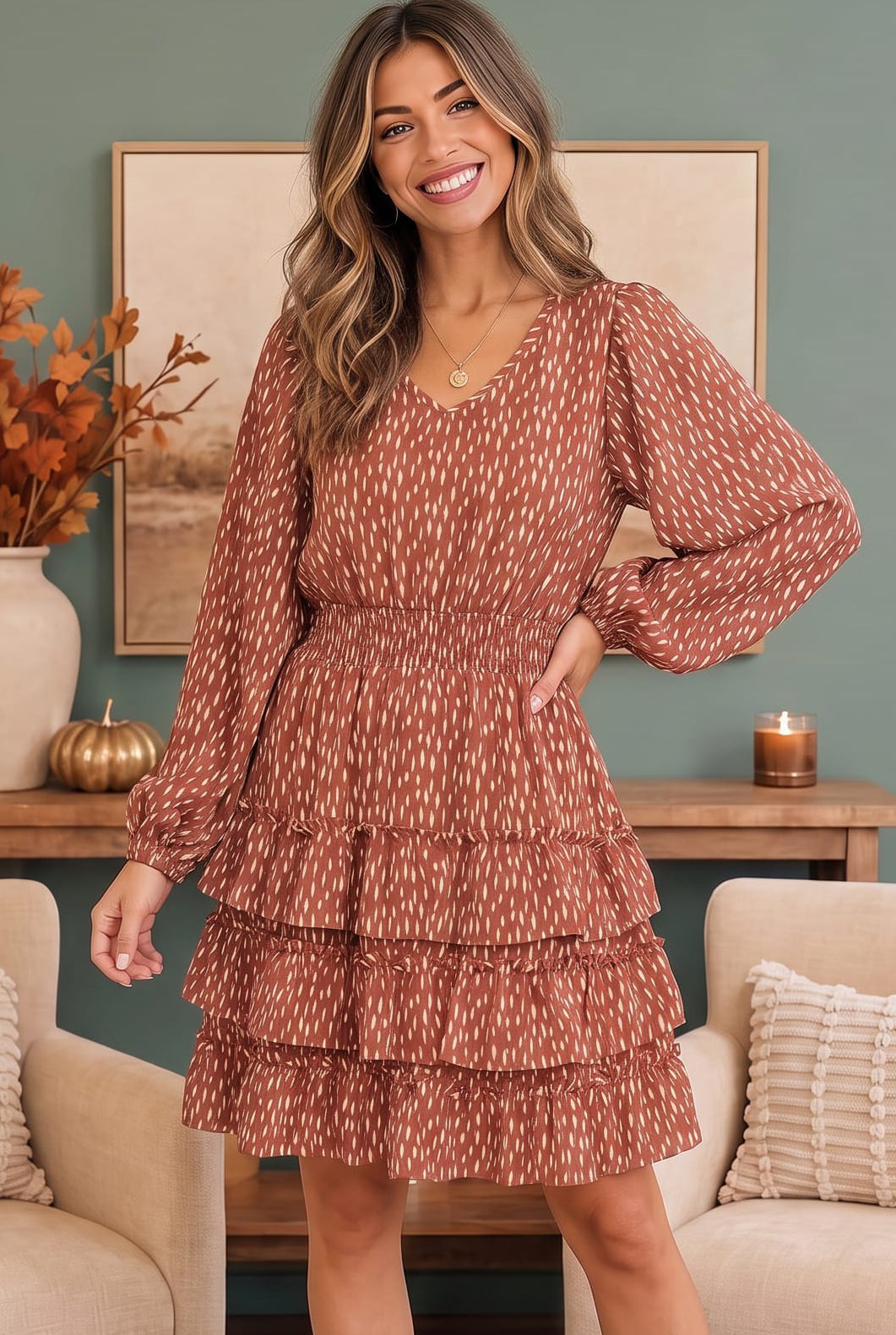 Rust Speckled Ruffle Tiered Mini Dress (Open Pack)