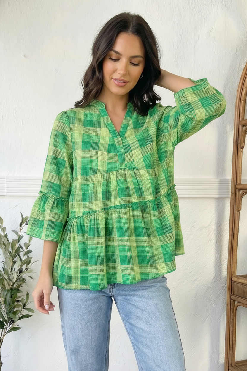 GREEN SNAP BUTTON PLAID TUNIC TOP WITH MERROM HEM
