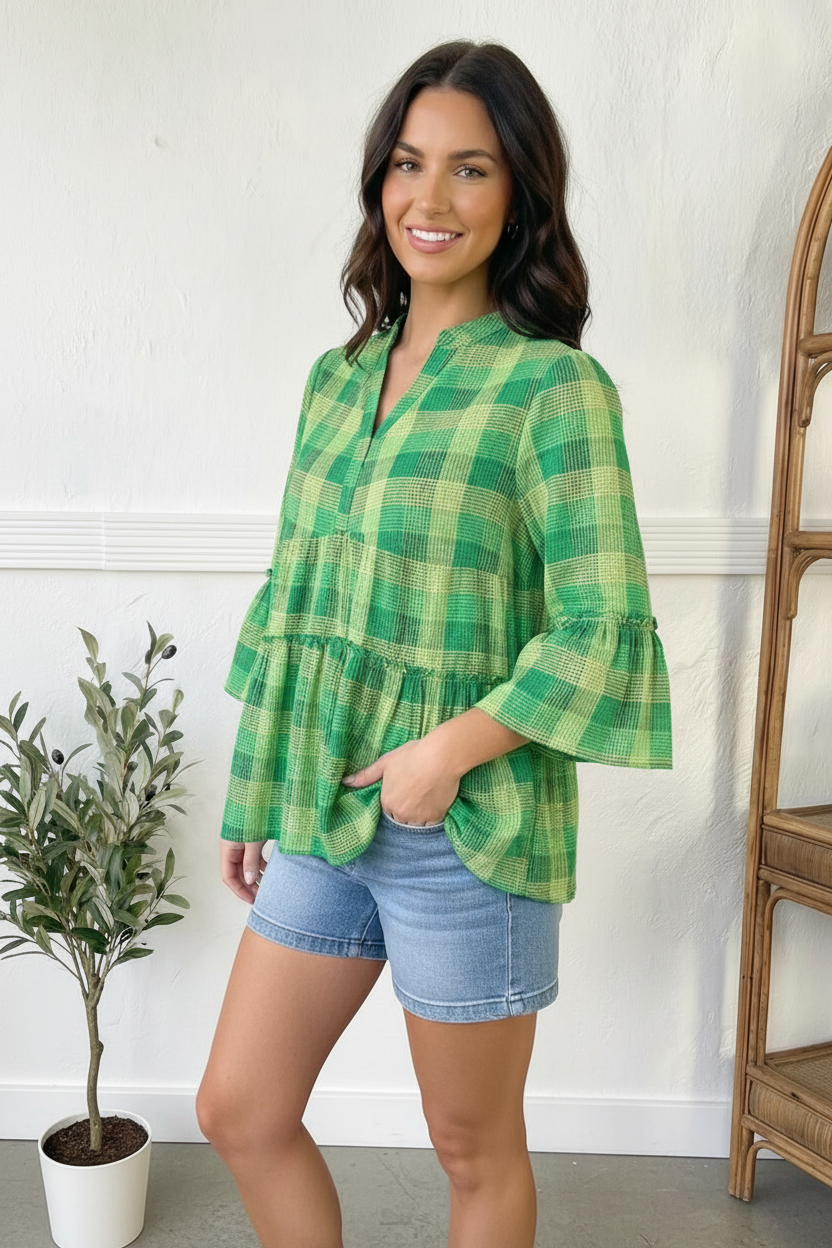 Snap Button Tunic PLUS GREEN SNAP BUTTON PLAID TUNIC TOP WITH MERROM HEM