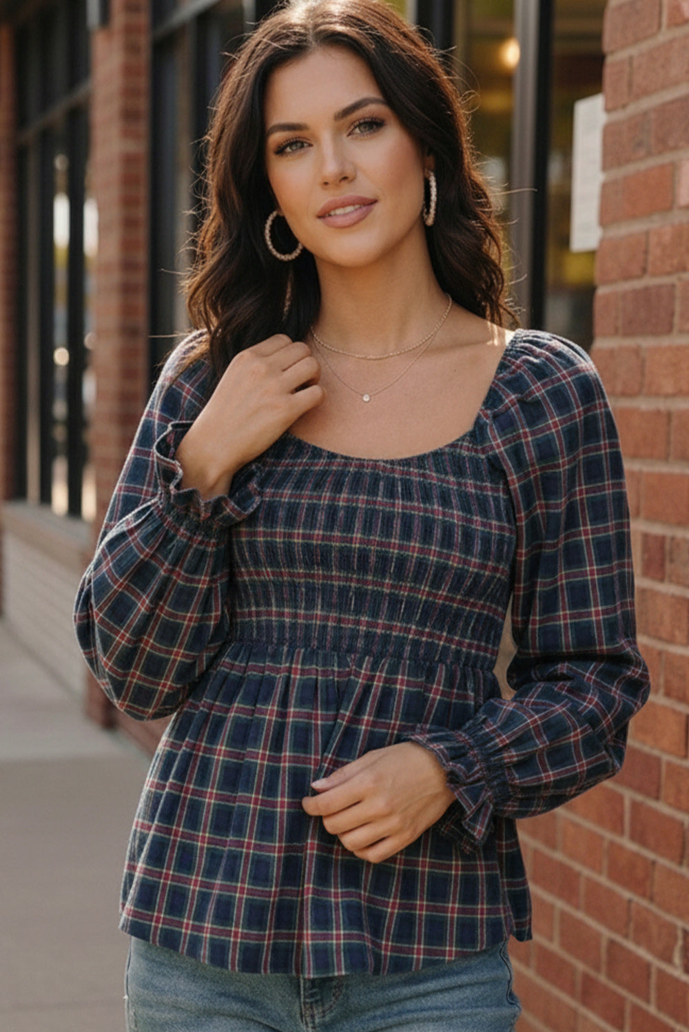 Sweetheart Smocked Navy Plaid Top (Open Pack)