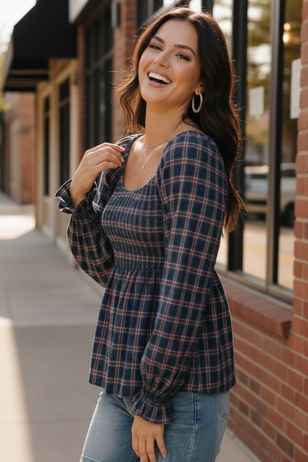 Sweetheart Smocked Navy Plaid Top (Open Pack)