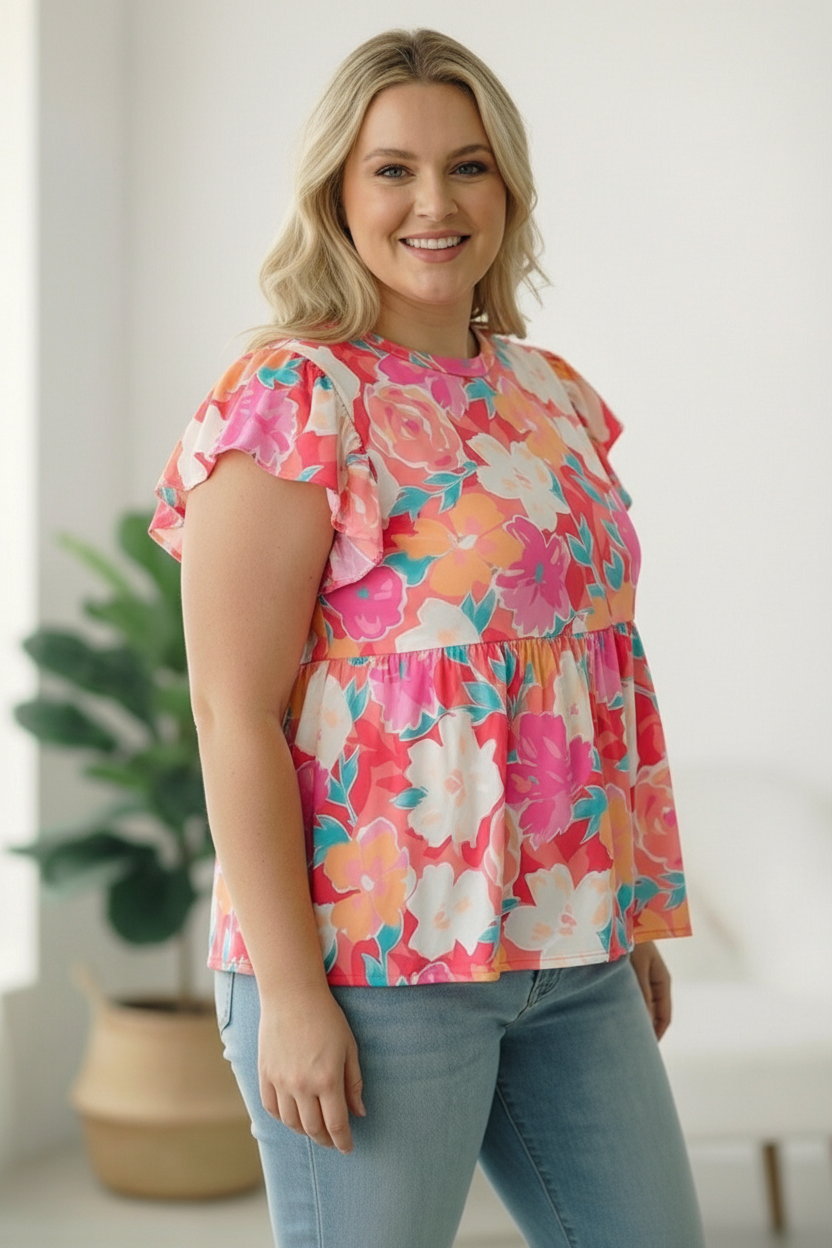 PLUS BABYDOLL FLORAL TOP W/ FOLDED RUFFLE SLEEVE